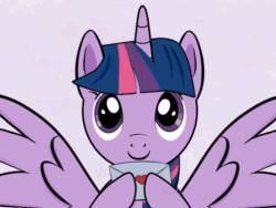 Size: 800x600 | Tagged: safe, artist:jhanli, twilight sparkle, alicorn, pony, g4, animated, bust, cute, female, letter, looking at you, love letter, mare, portrait, purple background, simple background, solo, spread wings, twiabetes, twilight sparkle (alicorn), wings, ych result