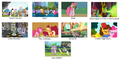 Size: 720x357 | Tagged: safe, edit, edited screencap, screencap, angel bunny, apple bloom, applejack, blue lily, capper dapperpaws, cheese sandwich, cloudy quartz, derpy hooves, discord, gummy, igneous rock pie, limestone pie, marble pie, maud pie, meadow song, medallion gold, merry may, opalescence, owlowiscious, pinkie pie, rainbow dash, rarity, rosetta, scootaloo, spike, sweetie belle, tank, twilight sparkle, winona, a friend in deed, dragon quest, g4, games ponies play, griffon the brush off, hearthbreakers, my little pony: the movie, pinkie pride, the cart before the ponies, twilight's kingdom, 1917, a marriage story, cutie mark crusaders, female, filly, filly derpy, filly rarity, ford v ferrari, jojo rabbit, joker (2019), little women, once upon a time in hollywood, oscars, parasite (movie), pie sisters, siblings, sisters, smile song, the irishman, young rarity, younger