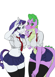 Size: 2508x3541 | Tagged: safe, artist:pia-sama, rarity, spike, dragon, unicorn, anthro, g4, barb, belly button, breasts, busty barb, busty rarity, cleavage, clothes, commission, digital art, dragoness, dress shirt, female, front knot midriff, half r63 shipping, high res, holding hands, lesbian, mare, midriff, miniskirt, peace sign, pleated skirt, rule 63, school uniform, schoolgirl, ship:barity, ship:sparity, shipping, simple background, skirt, smiling, socks, stockings, symmetrical docking, thigh highs, thighs, u.a. high school uniform, white background, zettai ryouiki