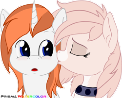 Size: 1620x1308 | Tagged: safe, artist:prismawatercolor, oc, oc only, oc:autumn cloud, oc:roxie æthera, alicorn, earth pony, pony, blushing, cheek kiss, collar, cute, female, kissing, male, shipping, simple background, transparent background