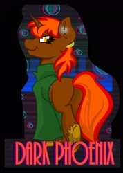 Size: 1470x2070 | Tagged: safe, artist:cadetredshirt, oc, oc only, oc:dark phoenix, pony, unicorn, badge, clothes, ear piercing, earring, female, jacket, jewelry, looking over shoulder, mare, piercing, ponytail, solo, two toned mane, two toned tail, unshorn fetlocks, walking