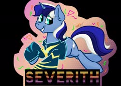 Size: 2002x1422 | Tagged: safe, artist:cadetredshirt, oc, oc only, pony, unicorn, badge, clothes, jacket, looking at you, male, multicolored hair, multicolored tail, running, smiling, solo, stallion, vaporwave, vaporwave style