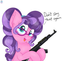 Size: 1680x1652 | Tagged: safe, artist:rainbow eevee, petunia petals, earth pony, pony, g4, rainbow roadtrip, akm, cheek fluff, cute, delet this, female, freckles, glasses, gun, hoof hold, looking at you, mare, meme, open mouth, petalbetes, pigtails, simple background, smiling, smiling at you, solo, talking, talking to viewer, teal eyes, text, threatening, weapon, white background