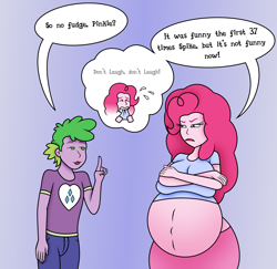 Size: 1700x1651 | Tagged: safe, artist:foxtide888, artist:pacificside18, pinkie pie, spike, human, equestria girls, g4, belly, belly button, big belly, clothes, crossed arms, fudge pudge, human spike, humanized, humor, joke, male, pants, preggy pie, pregnant, pregnant equestria girls, shirt, skirt, speech bubble, t-shirt, thought bubble