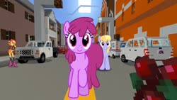 Size: 1334x750 | Tagged: safe, artist:topsangtheman, edit, editor:topsangtheman, berry punch, berryshine, cloud kicker, sunset shimmer, pegasus, pony, equestria girls, g4, ford, game screencap, looking at you, minecraft, photoshop, photoshopped into minecraft, spa castle