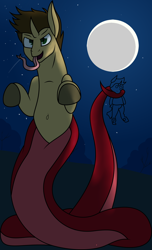 Size: 1272x2087 | Tagged: safe, artist:chancemccoy, oc, oc only, oc:chance mccoy, oc:daylit inquiry, lamia, original species, pony, snake, snake pony, unicorn, belly button, long tongue, male, moon, night, plushie, solo, tongue out