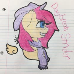 Size: 1080x1080 | Tagged: safe, artist:alilunaa, oc, oc only, oc:daybreak strider, pegasus, pony, clothes, female, hat, lined paper, mare, profile, scarf, smiling, solo, traditional art