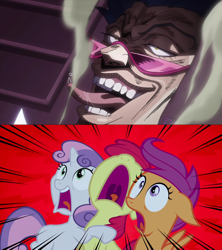Size: 1280x1440 | Tagged: safe, edit, edited screencap, screencap, apple bloom, scootaloo, sweetie belle, appleoosa's most wanted, g4, alessi, cutie mark crusaders, jojo's bizarre adventure, meme, scared, screaming, stardust crusaders, tongue out, what are the crusaders screaming at