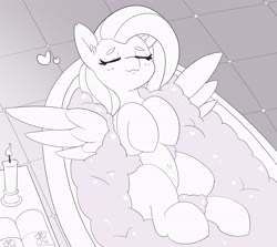 Size: 4096x3656 | Tagged: safe, artist:pabbley, fluttershy, pegasus, pony, g4, :3, bathing, bathtub, belly, belly button, bubble bath, candle, candlelight, candlestick, cute, ear fluff, eyes closed, female, fire, floppy ears, heart, high res, hooves to the chest, lying down, mare, monochrome, on back, one ear down, relaxing, shyabetes, smiling, solo, spread wings, wings