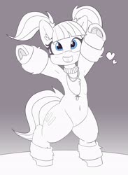 Size: 2925x4004 | Tagged: safe, artist:pabbley, pacific glow, earth pony, pony, g4, armpits, belly button, bipedal, cute, female, frog (hoof), glowbetes, happy, heart, high res, leg warmers, mare, monochrome, open mouth, pacifier, partial color, pigtails, smiling, solo, underhoof