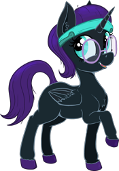 Size: 2288x3277 | Tagged: safe, artist:paskanaakka, derpibooru exclusive, oc, oc only, oc:nyx, alicorn, pony, 2020 community collab, derpibooru community collaboration, chest fluff, colored hooves, commission, ear fluff, female, filly, glasses, headband, high res, simple background, smiling, solo, transparent background, unshorn fetlocks