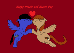Size: 1592x1144 | Tagged: safe, oc, oc only, oc:blazewing, oc:pecan sandy, pegasus, pony, boyfriend and girlfriend, chubby, colored background, couple, cute, eyes closed, flying, glasses, heart, hearts and hooves day, holding hooves, holiday, jewelry, necklace, nose to nose, nuzzling, pearl necklace, plump, smiling, text, valentine's day