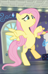 Size: 617x939 | Tagged: safe, screencap, fluttershy, pegasus, pony, fake it 'til you make it, g4, bipedal, cropped, cute, female, mare, shyabetes, smiling, solo, spread wings, wings