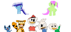 Size: 1362x626 | Tagged: safe, artist:1126jewel5, merry may, minuette, big cat, bird, duck, pegasus, pony, tiger, unicorn, anthro, digitigrade anthro, g4, 1000 hours in ms paint, crossover, dewey duck, disney, ducktales, ducktales 2017, huey dewey and louie, huey duck, looking at you, louie duck, peep and the big wide world, simple background, tigger, tom (peep and the big wide world), white background