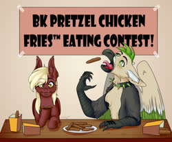 Size: 1280x1059 | Tagged: safe, artist:anonymous-asexual, oc, oc only, oc:picture perfect, oc:ralek, bat pony, griffon, pony, burger king, collar, eating, eating contest, female, male, meme, talons, tongue out, wat