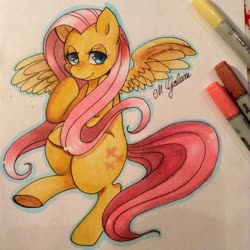Size: 960x960 | Tagged: safe, artist:deadoceans, fluttershy, pegasus, pony, g4, blushing, cutie mark, female, lidded eyes, looking at you, mare, marker drawing, smiling, solo, spread wings, traditional art, wings