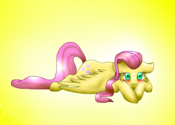 Size: 1983x1417 | Tagged: safe, artist:fixielle, fluttershy, pegasus, pony, g4, blushing, cheek fluff, cutie mark, female, floppy ears, gradient background, looking at you, mare, prone, solo