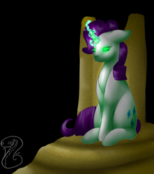 Size: 971x1100 | Tagged: safe, artist:fixielle, rarity, pony, unicorn, g4, black background, cutie mark, female, floppy ears, glowing eyes, glowing horn, horn, inspirarity, mare, open collaboration, possessed, queen, queen rarity, simple background, sitting, solo, throne
