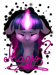 Size: 850x1133 | Tagged: dead source, safe, artist:fixielle, twilight sparkle, pony, g4, bust, concentrating, eyes closed, female, floppy ears, glowing horn, horn, mare, question mark, simple background, solo, style emulation, transparent background, unsure