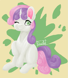 Size: 697x797 | Tagged: safe, artist:fixielle, sweetie belle, pony, unicorn, g4, abstract background, curved horn, female, filly, horn, looking at you, one eye closed, raised hoof, solo