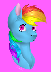 Size: 1388x1929 | Tagged: safe, artist:fixielle, rainbow dash, pony, g4, :<, bust, ear fluff, eyestrain warning, female, looking at you, mare, pink background, simple background, solo
