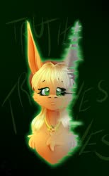 Size: 400x648 | Tagged: safe, artist:fixielle, applejack, earth pony, pony, g4, abstract background, big ears, bust, cheek fluff, chest fluff, crying, duality, element of honesty, error, female, glitch, impossibly large ears, jewelry, liarjack, long ears, looking at you, mare, necklace, redraw, smiling, solo