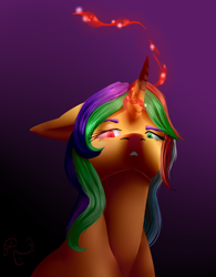 Size: 992x1275 | Tagged: safe, artist:fixielle, oc, oc only, oc:magic elements, pony, unicorn, bloodshot eyes, female, fire, floppy ears, glowing horn, gradient background, heterochromia, horn, lidded eyes, looking at you, looking down, magic, mare, redraw, solo