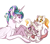 Size: 687x600 | Tagged: safe, artist:butteredpawpcorn, princess celestia, oc, oc:princess dissonance, oc:sunlight harmony, alicorn, draconequus, hybrid, pony, g4, alternate hairstyle, beautiful, chest fluff, cute, draconequus oc, family, female, hair bun, horns, hug, interspecies offspring, looking at each other, loving mother, mare, missing accessory, momlestia, mother and child, mother and daughter, multicolored mane, offspring, parent:discord, parent:princess celestia, parents:dislestia, paws, prone, purple eyes, red eyes, siblings, simple background, sisters, smiling, trio, white background, winghug, yellow sclera