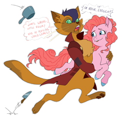 Size: 1024x1018 | Tagged: safe, artist:pikokko, capper dapperpaws, pinkie pie, oc, oc:rose gold, abyssinian, earth pony, pony, anthro, digitigrade anthro, g4, carrying, chest fluff, clothes, coat, colored hooves, cuphead, dialogue, female, knife, mare, pinkie clone, pot, running, running away, simple background, throwing, transparent background