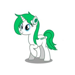 Size: 720x720 | Tagged: safe, pony, unicorn, blue eyes, earbuds, green mane, oppo, ponified, realme, reno, simple background, solo, white background, white body
