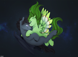 Size: 3000x2200 | Tagged: safe, artist:liefsong, oc, oc only, oc:lief, oc:windwalker, bat pony, pegasus, pony, couple, high res, space, windsong, wings
