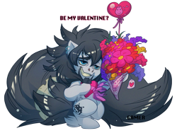 Size: 1455x1095 | Tagged: safe, artist:thegamercolt, oc, oc only, oc:gamercolt, oc:thegamercolt, earth pony, pony, arctic earth pony, balloon, beard, big mane, box of chocolates, candy box, facial hair, flower, heart, heart balloon, hearts and hooves day, holiday, hyper tail, impossibly large tail, leg fluff, simple background, solo, transparent background, valentine's day