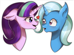 Size: 4667x3500 | Tagged: safe, artist:forythien, starlight glimmer, trixie, pony, unicorn, g4, blushing, female, heart, lesbian, ship:startrix, shipping, simple background, transparent background