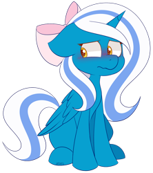 Size: 842x949 | Tagged: safe, artist:jetjetj, part of a set, oc, oc only, oc:fleurbelle, alicorn, pony, adorabelle, blushing, bow, commission, cute, female, hair bow, looking to the left, mare, simple background, sitting, solo, transparent background, ych result, yellow eyes
