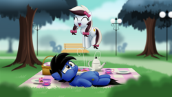 Size: 800x450 | Tagged: safe, artist:jhayarr23, oc, oc only, oc:vanilla cream, oc:xeto, pony, basket, bench, cup, female, filly, lamppost, male, picnic basket, picnic blanket, stallion, teacup, tree