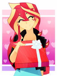 Size: 2448x3264 | Tagged: safe, artist:xan-gelx, sunset shimmer, human, equestria girls, g4, clothes, commission, cute, digital art, eyes closed, female, high res, holiday, present, shimmerbetes, smiling, solo, valentine's day
