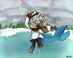Size: 1280x1024 | Tagged: safe, artist:bubble-trouble-owo, oc, oc only, oc:bubbles, pony, unicorn, armpits, bipedal, clothes, female, fish tail, ice skating, mare, scarf, solo