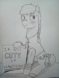 Size: 900x1175 | Tagged: safe, artist:drcool13, oc, oc only, oc:swift stride, earth pony, pony, bad anatomy, blushing, braided ponytail, looking away, male, marker, monochrome, scrunchy face, sign, sitting, solo, traditional art