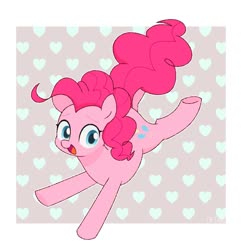 Size: 1162x1200 | Tagged: safe, artist:ch-chau, pinkie pie, earth pony, pony, g4, abstract background, cute, diapinkes, female, heart, mare, open mouth, smiling, solo, underhoof