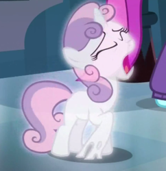 Size: 600x621 | Tagged: safe, screencap, blue cutie, sweetie belle, pony, unicorn, for whom the sweetie belle toils, g4, background pony, cropped, female, filly, foal, horn, mare, offscreen character, scared, screaming, solo focus, stuck, sweetie belle is a marshmallow too