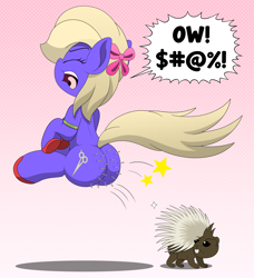 Size: 3654x4000 | Tagged: safe, artist:aarondrawsarts, oc, oc:ruby shears, earth pony, pony, porcupine, butt, censored vulgarity, grawlixes, literal butthurt, ouch, pain, plot, ych result