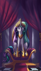 Size: 2300x4000 | Tagged: safe, artist:rocket-lawnchair, princess celestia, alicorn, pony, g4, fanfic art, female, looking at you, mare, sitting, solo, throne