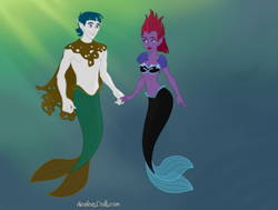 Size: 820x620 | Tagged: safe, artist:azaleasdolls, stygian, tempest shadow, mermaid, merman, g4, elf ears, female, fins, male, mermaid maker, mermaid tail, mermaidized, mermanized, shipping, species swap, straight, tempgian, the little mermaid