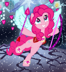 Size: 1000x1100 | Tagged: safe, artist:wissle, edit, editor:php185, pinkie pie, tree of harmony, earth pony, pony, g4, arrow, belt, bow (weapon), bow and arrow, cupid, cute, diapinkes, female, glowing, glowing eyes, heart, heart arrow, hearts and hooves day, holiday, hooves up, looking up, smiling, solo, sparkles, spread wings, standing, standing on one leg, valentine's day, weapon, wings