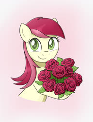 Size: 1000x1300 | Tagged: safe, artist:mew-me, roseluck, earth pony, pony, g4, cute, female, flower, grin, holding, holiday, looking at you, mare, pink background, rosabetes, rose, simple background, smiling, solo, valentine's day