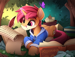 Size: 2300x1750 | Tagged: safe, artist:yakovlev-vad, oc, oc only, butterfly, pony, unicorn, book, clothes, forest, hoodie, levitation, magic, patreon, patreon reward, quill, scenery, scroll, slender, smiling, solo, telekinesis, thin