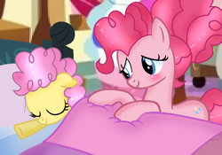 Size: 836x586 | Tagged: safe, artist:doraeartdreams-aspy, li'l cheese, pinkie pie, earth pony, pony, g4, the last problem, base used, bed, cute, female, filly, mama pinkie, mare, mother and child, mother and daughter, older, older pinkie pie, sleeping