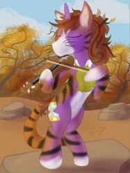 Size: 1460x1956 | Tagged: safe, artist:sixes&sevens, doctor whooves, time turner, big cat, pony, tiger, unicorn, g4, ascot, blaze (coat marking), clothes, coat markings, costume, cravat, dirty, doctor who, eighth doctor, eyes closed, facial markings, leaves, messy mane, musical instrument, outdoors, rock, smiling, the doctor, tree, twig, violin