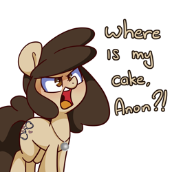 Size: 1500x1500 | Tagged: safe, artist:lou, oc, oc only, oc:louder speakers, oc:louvely, pony, adorable distress, cake, cute, dialogue, female, food, grumpy, implied anon, jewelry, mare, necklace, open mouth, question, simple background, solo, text, white background