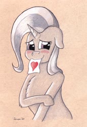 Size: 3250x4752 | Tagged: safe, artist:peruserofpieces, trixie, pony, unicorn, g4, blushing, crossed arms, female, floppy ears, fluffy, heart, hearts and hooves day, holiday, looking at you, mare, mouth hold, pencil drawing, solo, toned paper, traditional art, valentine's day